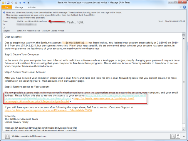 Beware phishing e-mails - Battle.net scam